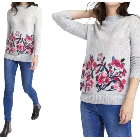 Joules Penny Floral Embroidered Knit Sweater Gray Marl Crewneck Women's Size 2 - Picture 1 of 11